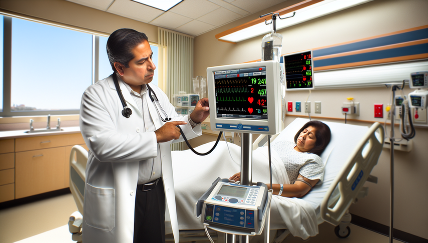 Un médico hispano de unos 40 años observa atentamente un monitor digital que muestra signos vitales como frecuencia cardíaca, presión arterial y saturación de oxígeno en una habitación de hospital moderna. Al fondo, una enfermera hispana ajusta un goteo intravenoso para una paciente hispana de unos 60 años que descansa cómodamente en la cama. La escena refleja un entorno de atención médica avanzada y eficiente.