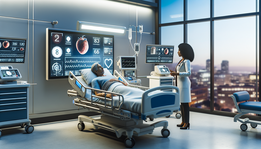 Modern hospital room equipped with advanced medical technology. A 50-year-old Hispanic patient is in a bed, connected to monitoring devices. A Hispanic female doctor in her 40s, wearing a white coat and stethoscope, carefully examines data on a digital screen displaying the patient's vital signs. The scene illustrates the integration of AI in intensive care, highlighting the importance of early warning systems and hospital monitoring in a metropolitan healthcare setting.