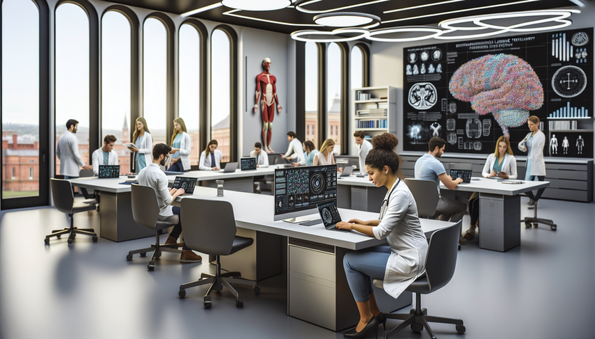 Modern medical classroom with diverse students, focusing on a Hispanic student using a laptop displaying data visualization, symbolizing AI technology. The environment reflects collaboration and innovation in personalized medical training and adaptive learning, highlighting the role of recommendation systems in shaping the future of digital doctors.