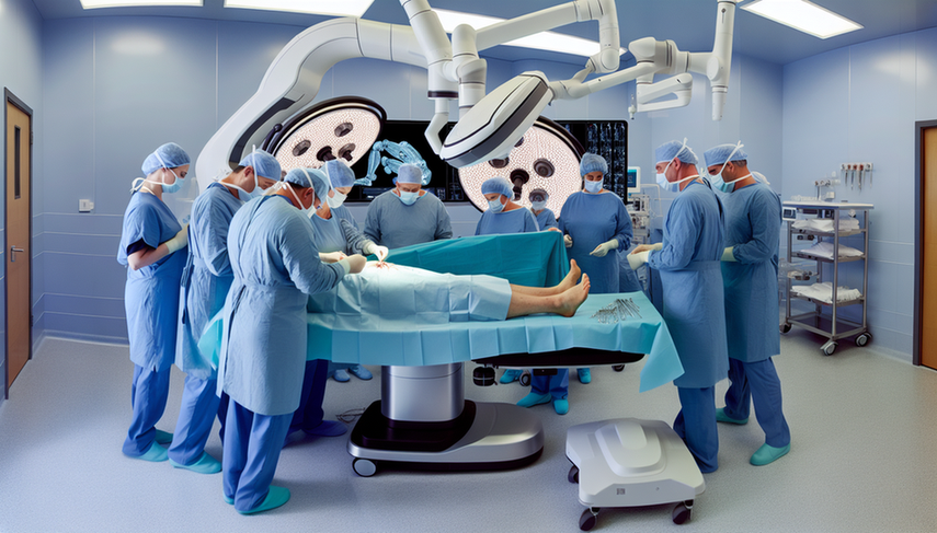 A robotic arm performs suturing on a patient in a modern operating room, surrounded by a team of surgeons and nurses observing closely. The digital screen displays the procedure in real-time, emphasizing the surgical speed and closure precision of the automated suturing system in invasive procedures.