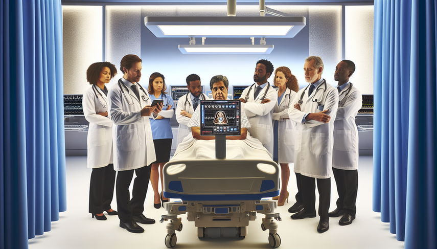 A diverse group of doctors, representing various genders and ethnicities, gathers around a digital tablet displaying a complex clinical algorithm. A middle-aged Hispanic patient, seated on the hospital bed, watches the doctors with interest. The room is equipped with advanced technology, emphasizing collaboration and the use of learning models and recommendation systems in diagnostic personalization.