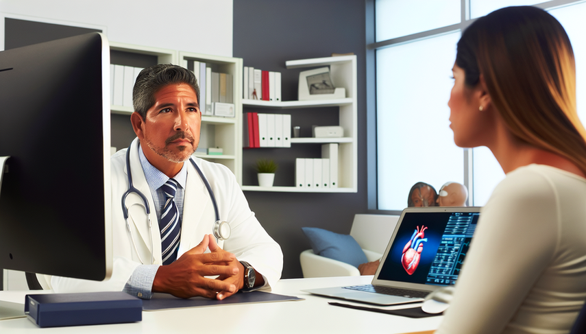 Un médico hispano de mediana edad, con expresión preocupada, revisa el historial médico de una paciente en su computadora durante una consulta. La paciente, también hispana y en sus 30s, escucha atentamente. La escena refleja el equilibrio entre riesgos y beneficios en la toma de decisiones médicas.