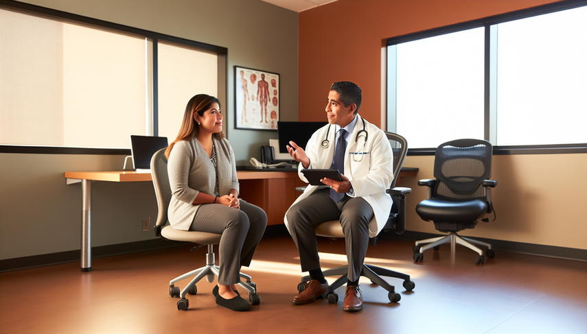 A middle-aged Hispanic doctor in a modern consultation room, attentively interacting with a Hispanic patient. Both are seated, with the doctor holding a tablet while listening, emphasizing effective communication techniques in medical history taking. Natural light floods the room, creating a warm and welcoming atmosphere.