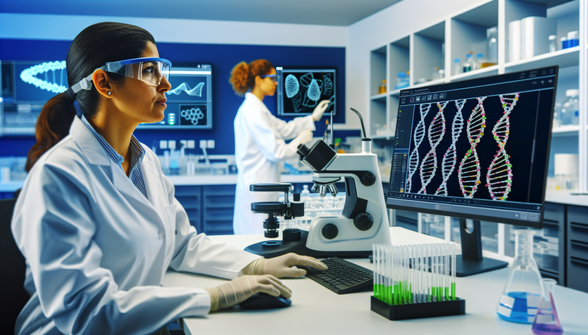 Hispanic scientist in a modern laboratory, examining a 3D DNA model on a digital screen with genetic mutation markers. Advanced CRISPR-Cas9 tools and data analysis graphs on a nearby laptop, symbolizing innovation in mutation detection and gene editing for molecular diagnosis.