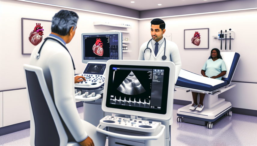 Modern medical examination room featuring advanced diagnostic technology. In the center, a state-of-the-art ultrasound machine displays a detailed image of an organ. On the left, a Hispanic physician attentively examines the screen. On the right, a Hispanic patient observes with interest. The professional environment highlights the integration of healthcare innovation and technological support in clinical practice.