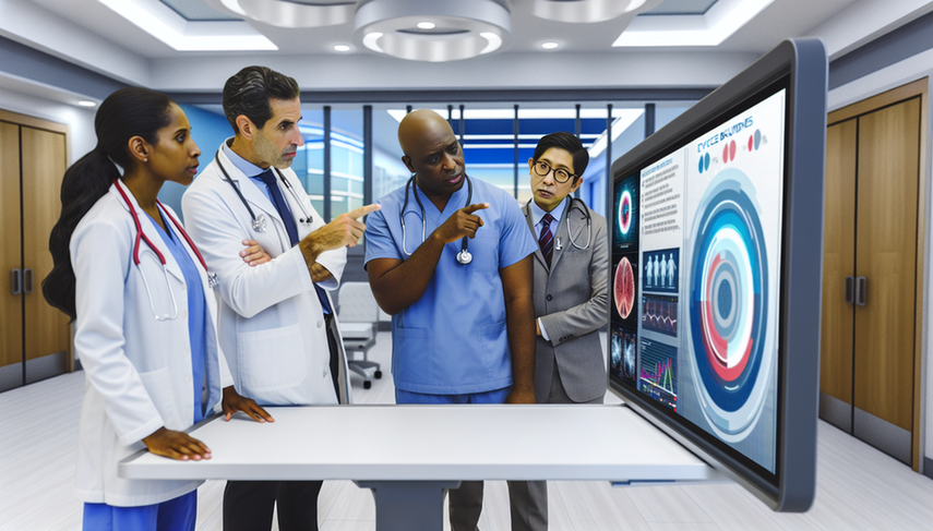 A diverse group of healthcare professionals, including doctors and nurses, gathers around a digital screen displaying medical data and evidence-based guidelines. The clear and colorful graphs and tables on the screen facilitate collaborative decision making. The physicians, representing various ethnicities, are focused and engaged in discussion. The setting is a modern, well-lit hospital environment, showcasing high-tech clinical support technology that emphasizes innovation in clinical decision support (CDS) and medical evidence utilization.