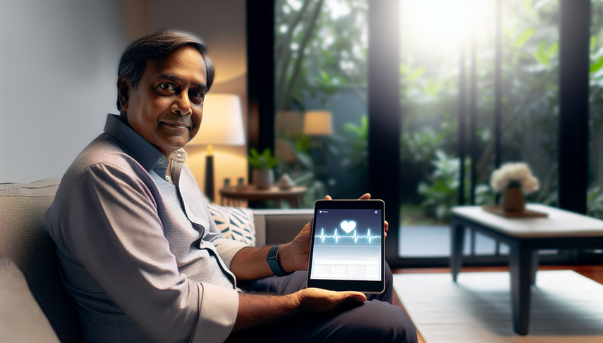 Middle-aged Hispanic patient in a modern living room, using a wireless cardiac monitor and checking their heart rate on a tablet. On the screen, a smiling Caucasian doctor is engaged in a video call, pointing to the heart rhythm graph. This scene illustrates the accessibility and effectiveness of telecardiology, remote ECG, and cardiac monitoring for remote diagnosis.