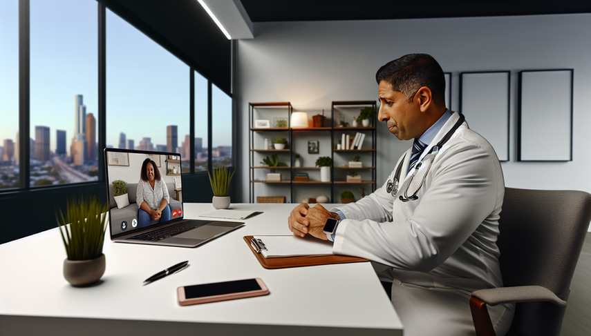 Modern medical office featuring a Hispanic doctor in his 40s engaged in a virtual consultation with a middle-aged Hispanic patient. The doctor, dressed in a white coat and stethoscope, is focused on his laptop screen, while the patient smiles from her living room. This image highlights the professional and warm connection in telemedicine, showcasing the benefits and challenges of digital tools for effective follow-ups.