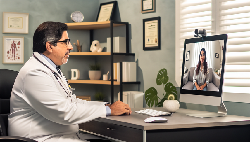 Telemedicine consultation with a middle-aged Hispanic physician in a professional and welcoming office, wearing a white coat and stethoscope, providing remote care to a young Hispanic patient through a medical video call on his computer. This image highlights the importance of telehealth and digital transformation in enhancing accessibility to healthcare.