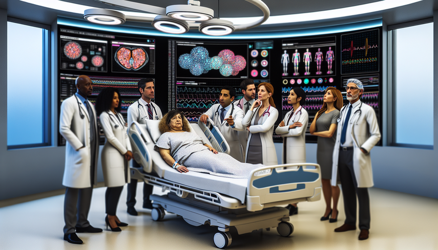 A diverse team of physicians analyzes complex data on a digital screen regarding personalized oncological therapies, while a Hispanic patient watches with hope from her bed in a modern hospital room. The image emphasizes collaboration and the use of artificial intelligence in precision oncology, highlighting decision algorithms and targeted treatments for improved response prediction.