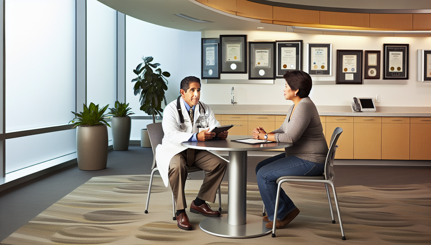 Modern and welcoming medical office featuring a Hispanic doctor in his 40s wearing a white coat, engaged in a conversation with a Hispanic patient in her 30s. Both are seated at a round table, discussing medical information displayed on a tablet. The collaborative atmosphere emphasizes shared decision-making, patient autonomy, and the therapeutic alliance, highlighting the principles of person-centered medicine and patient empowerment.