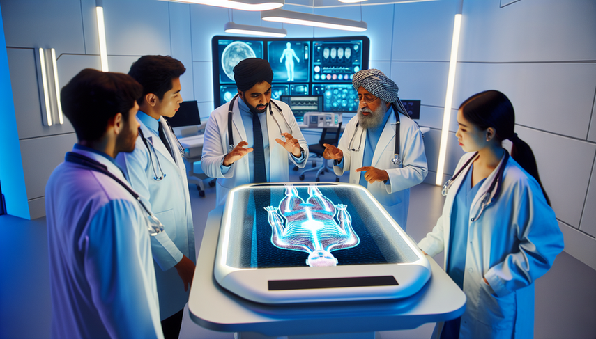 A diverse group of doctors, both men and women from various ethnic backgrounds, collaborates around a digital holographic screen displaying a 3D model of the human body with areas highlighted by AI analysis. The physicians, dressed in white coats and stethoscopes, discuss data in a modern, futuristic hospital setting, symbolizing digital transformation and the new medical competencies required for the doctor of the future, driven by intelligent systems and emerging technologies.