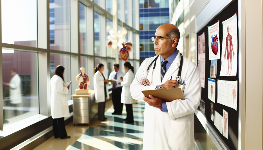A middle-aged Hispanic doctor in a white coat stands thoughtfully in a bright, modern hospital corridor. He holds a clipboard and looks at a bulletin board filled with brochures on medical specializations and job opportunities. Subtle signs of various medical specialties surround him. In the background, a diverse group of doctors engages in conversation, symbolizing collaboration and career transitions in the medical field, highlighting opportunities for professional reorientation and medical development.