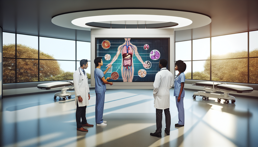 Un grupo diverso de profesionales médicos, incluyendo un doctor hispano, una doctora asiática y una enfermera negra, discuten frente a una pantalla digital semi-transparente que muestra un diagrama complejo y colorido del cuerpo humano. La imagen simboliza la transparencia en la inteligencia artificial y destaca la colaboración y confianza en la toma de decisiones médicas. El entorno es moderno y acogedor, con luz natural y equipo médico avanzado en el fondo.