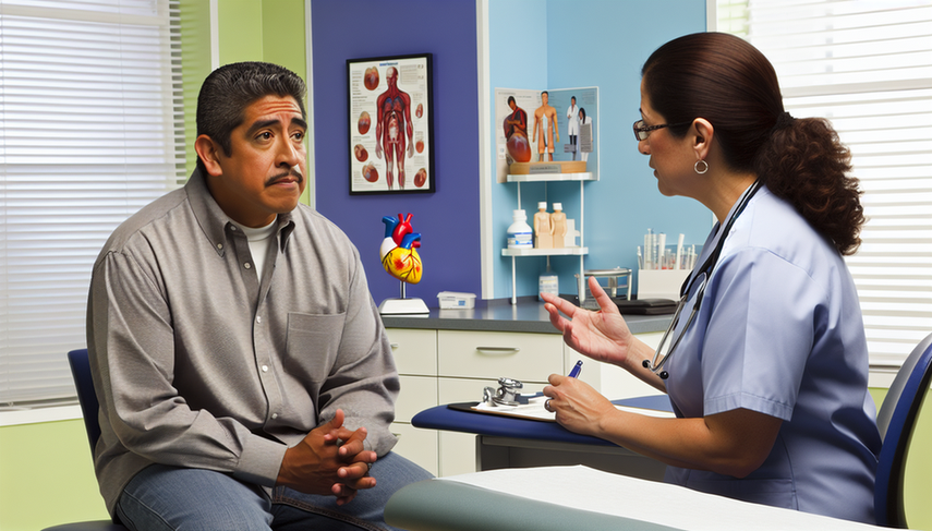 Un hombre hispano de mediana edad en una consulta médica, mostrando ansiedad mientras habla con una doctora hispana que lo escucha atentamente. La doctora sostiene un estetoscopio y un portapapeles, en un entorno profesional con modelos médicos y carteles en la pared.