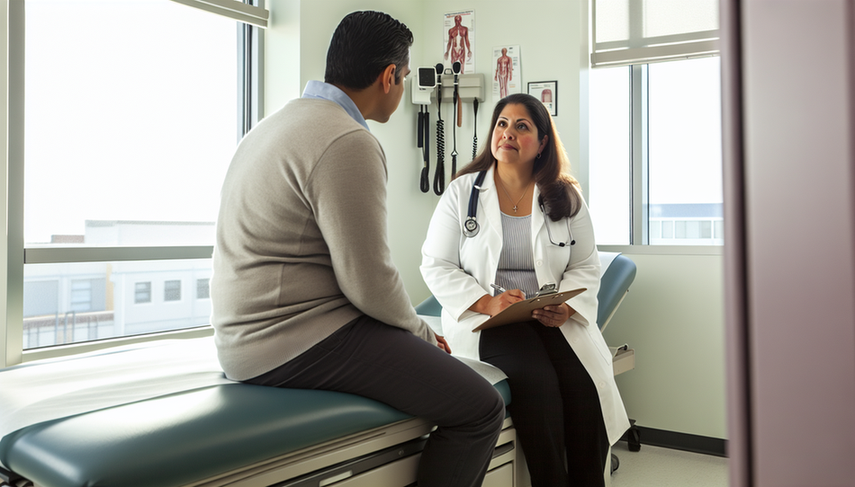 A middle-aged Hispanic woman sits on an examination table in a well-lit medical consultation room, while a Hispanic doctor listens attentively with a clipboard in hand. The scene reflects an empathetic and professional approach to patient care, relevant to the discussion on somatic symptom disorder, fibromyalgia, chronic pain, and psychosomatic evaluation, highlighting the importance of addressing comorbidities.