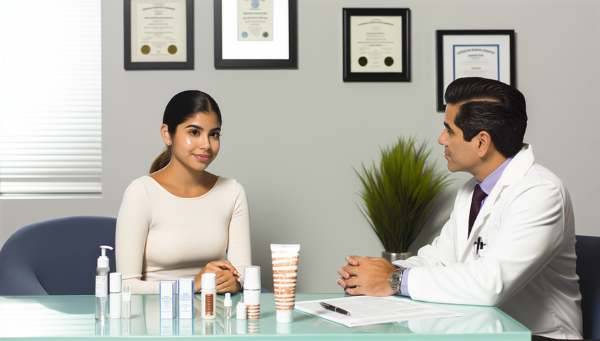 A young Hispanic woman in a dermatologist's office, attentively listening to her acne treatment plan. On the table are products like isotretinoin cream and topical antibiotics, emphasizing the importance of professional guidance in acne treatment, facial hygiene, and scar management.