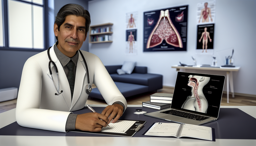 Fotografía de un médico hispano de mediana edad en una oficina médica moderna, escribiendo en una receta mientras revisa un gráfico digital de la garganta en su laptop. En el fondo, un póster muestra la anatomía de la garganta y las amígdalas, reflejando un ambiente profesional enfocado en el tratamiento de la amigdalitis.