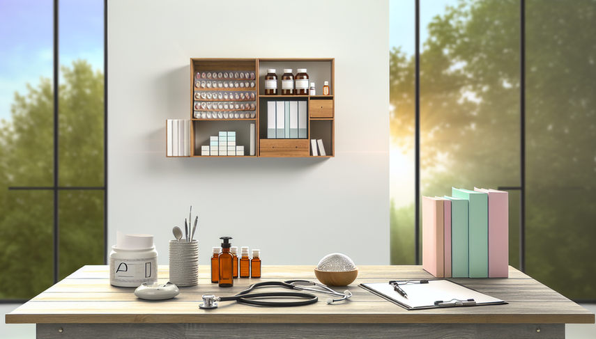 Oficina médica serena con un escritorio de madera dividido en tres secciones: una con botellas de benzodiacepinas y un estetoscopio, otra con cajas de ISRS y un bloc de recetas, y la última con un difusor de aromaterapia y libros de meditación. Al fondo, un jardín tranquilo con luz suave.