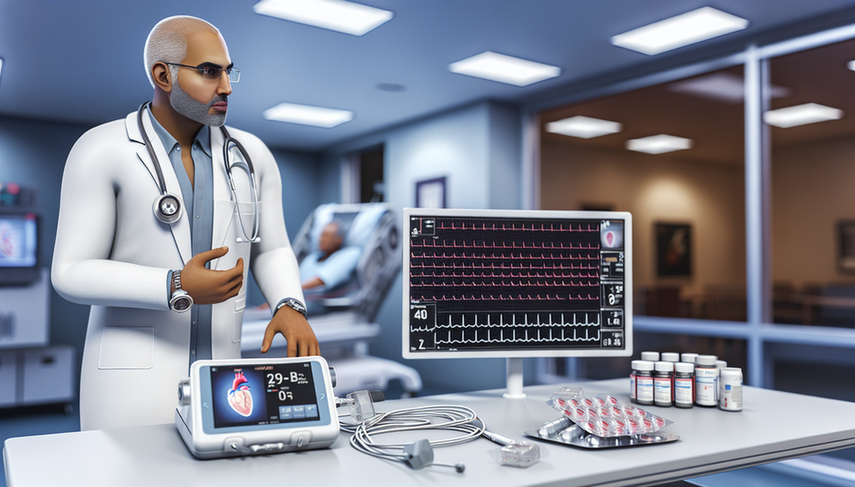 Image of a Hispanic cardiologist in his 40s examining a digital ECG monitor in a modern hospital setting. Nearby, antiarrhythmic medications and an implantable cardioverter-defibrillator (ICD) are visible, emphasizing advanced arrhythmia treatment options such as beta-blockers, amiodarone, ablation, and pacemakers.