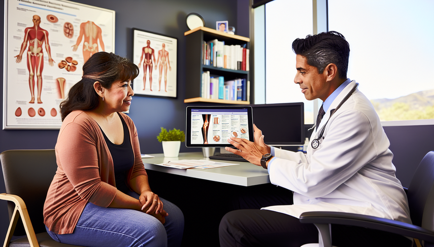 Mujer hispana de mediana edad en una consulta médica moderna, conversando con un médico sobre opciones de tratamiento para la artritis reumatoide. El doctor sostiene una tableta con ilustraciones de articulaciones y opciones de medicamentos. En el escritorio hay folletos sobre tratamientos como DMARDs y terapias biológicas. El ambiente es profesional y acogedor.