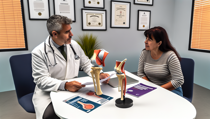 Consulta médica en una clínica moderna: un doctor hispano de mediana edad explica opciones de tratamiento para la artrosis a una paciente hispana de unos 50 años, usando un modelo anatómico de una rodilla. En el escritorio hay folletos sobre condroprotectores, fisioterapia y cirugía, y una laptop muestra una imagen 3D de una rodilla.