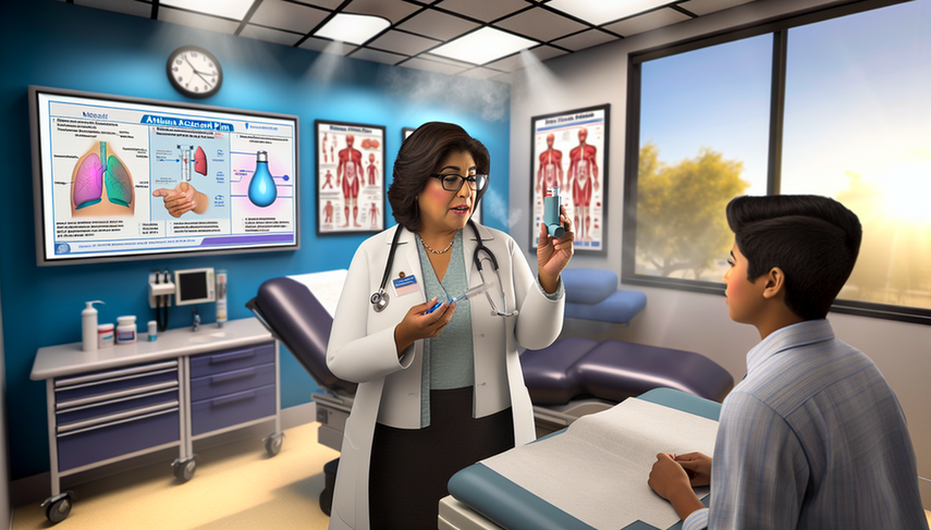 A middle-aged Hispanic female doctor in a white coat and stethoscope explains an asthma treatment plan to a young Hispanic patient. She holds an inhaler and a printed action plan. In the background, a digital screen displays a diagram of stepwise therapy for asthma management. The setting is professional and welcoming, emphasizing patient education and collaborative care in asthma treatment, including bronchodilators and inhaled corticosteroids.