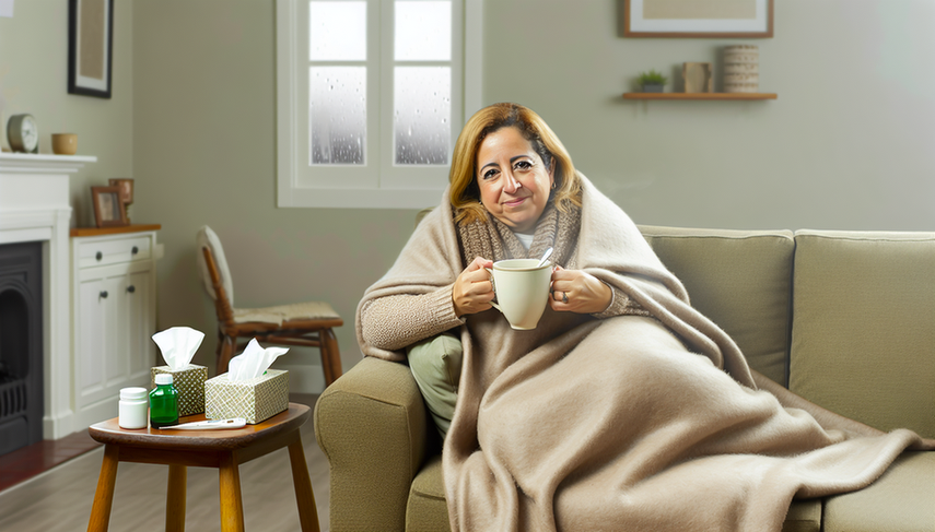 Middle-aged Hispanic woman sitting on a sofa, wrapped in a blanket, holding a cup of herbal tea. Next to her, a table with tissues, a thermometer, and cough syrup, in a cozy environment that suggests the necessary care and rest for acute bronchitis treatment, including hydration and the use of antitussives and bronchodilators.