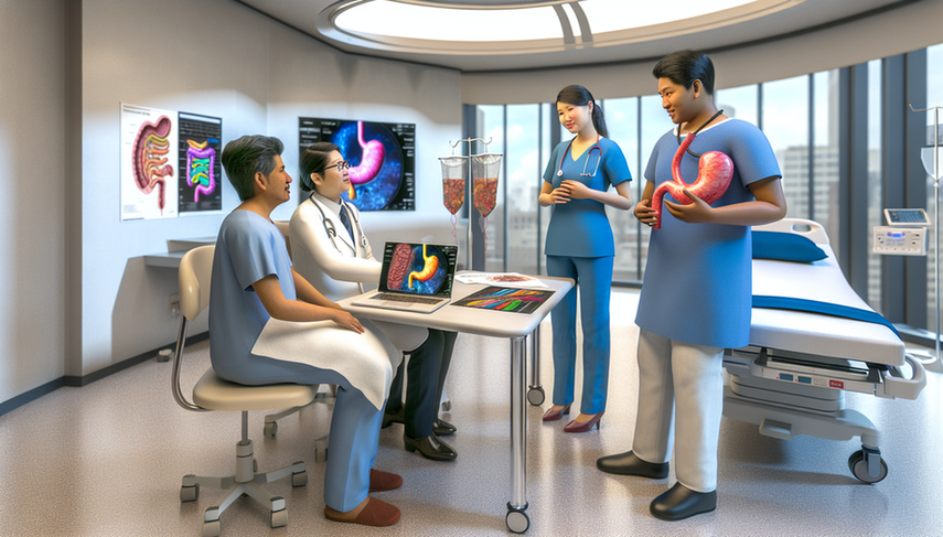 Equipo médico diverso discutiendo un plan de tratamiento para el cáncer de estómago en un hospital moderno. Un cirujano hispano y una oncóloga asiática revisan un modelo 3D del estómago en un portátil. En el fondo, un paciente hispano conversa con un nutricionista sobre una dieta equilibrada. La imagen resalta la colaboración multidisciplinaria en el tratamiento del cáncer gástrico.