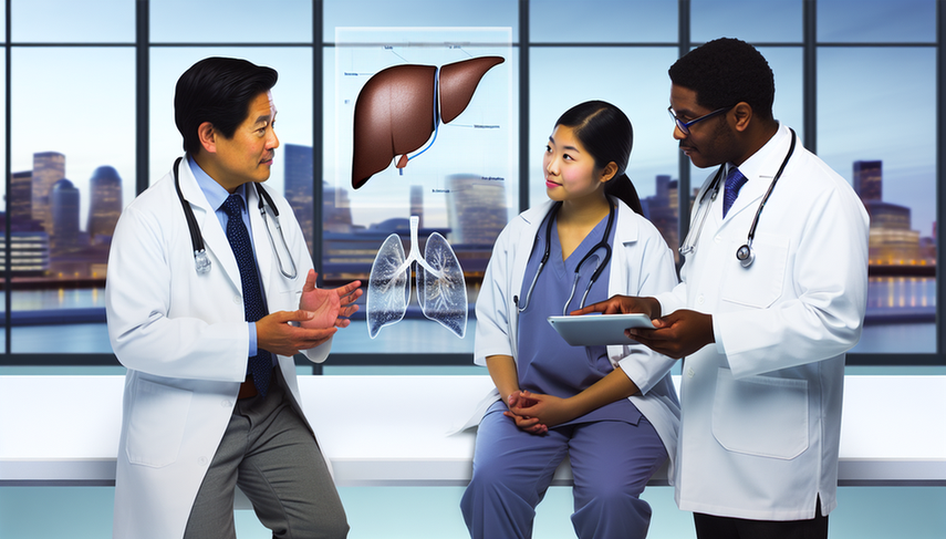 Un equipo diverso de médicos discute tratamientos para el cáncer de hígado en un entorno hospitalario profesional. Un doctor hispano sostiene una tableta con un diagrama del hígado, mientras una doctora asiática señala la pantalla. Un doctor africano escucha atentamente. En el fondo, se ve una ciudad moderna a través de una ventana grande. La imagen refleja un enfoque colaborativo en opciones de tratamiento como la resección, el trasplante hepático y la ablación.
