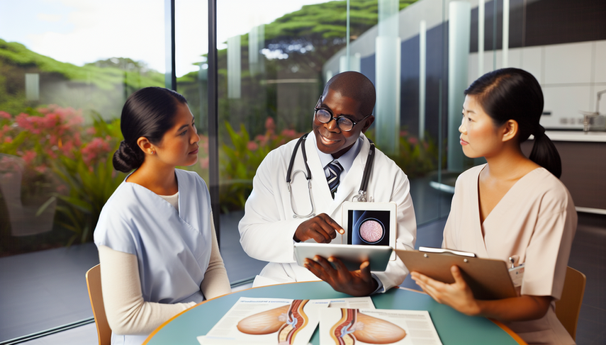 Un equipo diverso de médicos discute el tratamiento del cáncer de mama en un hospital moderno. Una doctora hispana sostiene una tableta con un diagrama de anatomía mamaria, mientras un doctor afrodescendiente señala el diagrama y una doctora asiática escucha con atención. En el fondo, una ventana grande muestra un jardín, y en una mesa cercana hay folletos sobre el tratamiento del cáncer de mama en español y un modelo de mama humana.