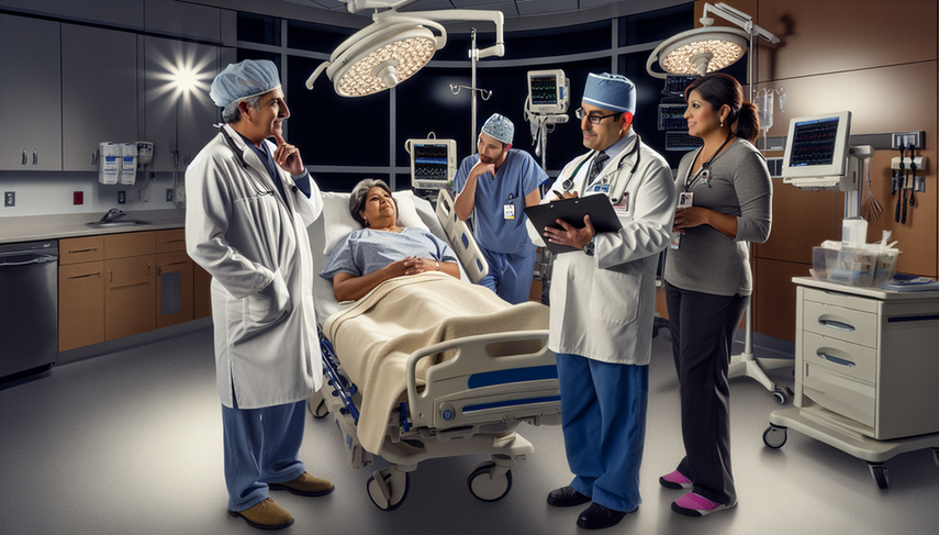 Equipo médico en un hospital moderno discutiendo un plan de tratamiento para el cáncer de páncreas. Incluye a un cirujano, una oncóloga y un especialista en cuidados paliativos, todos de origen hispano, interactuando con un paciente en una cama de hospital. La imagen resalta el enfoque multidisciplinario y la atención compasiva.