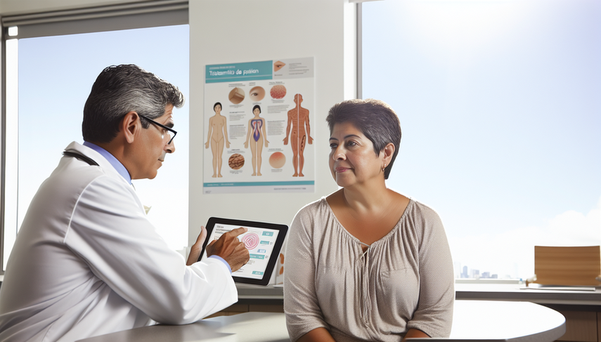 Medical consultation in a well-lit room. A middle-aged Hispanic doctor in a white coat and glasses explains a skin cancer treatment plan to a Hispanic female patient in her 50s, showing a diagram of skin layers on a digital tablet. On the desk, there are brochures about 'Skin Cancer Treatment' and a model of human skin. In the background, a poster illustrates skin cancer treatments such as local excision and cryotherapy. The atmosphere is professional and reassuring, emphasizing the importance of dermatological follow-up and topical immunotherapy.