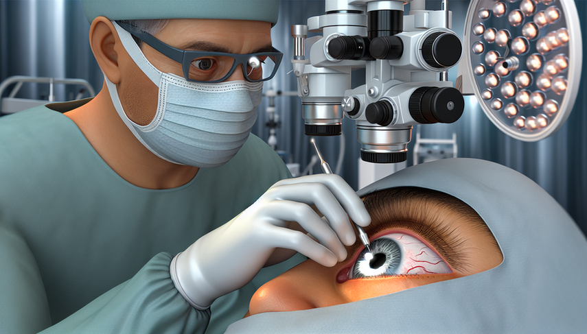 Primer plano de un procedimiento quirúrgico de cataratas, mostrando a un oftalmólogo hispano realizando facoemulsificación. Se observan sus manos sosteniendo un sonda de facoemulsificación y pinzas, mientras realiza una incisión en la córnea de una paciente anciana. Al fondo, equipo médico moderno y un monitor con la imagen ampliada del ojo.