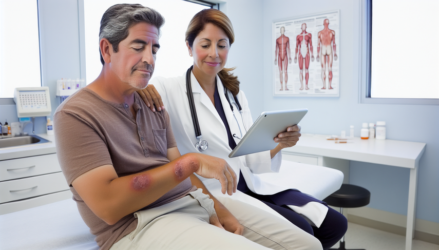 Paciente hispano de mediana edad con celulitis en el antebrazo, siendo examinado por una doctora hispana en un consultorio moderno. La doctora revisa un diagrama en una tableta sobre capas de la piel y antibióticos, destacando la importancia del tratamiento y seguimiento en la celulitis infecciosa.