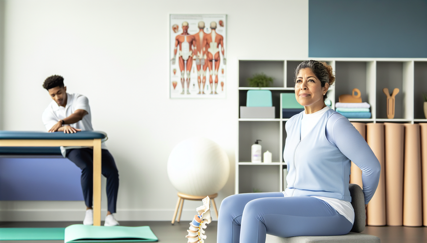 Middle-aged Hispanic woman in a modern physiotherapy clinic, performing gentle neck stretching exercises. In the background, a Hispanic physiotherapist demonstrates another exercise using a cervical spine model. Nearby, a cervical collar and a bottle of pain relief gel are visible. The image conveys a professional and welcoming environment focused on therapeutic treatment for cervicalgia, including strengthening exercises, NSAIDs, and ergonomics.