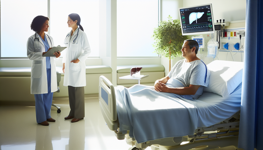 Un paciente hispano de mediana edad, sentado en una cama de hospital, conversa con una doctora hispana en sus 40s, quien lleva una bata blanca y sostiene un portapapeles. En la mesa cercana, hay un modelo de hígado humano, simbolizando el enfoque en el tratamiento de la cirrosis hepática y el trasplante. Un monitor digital muestra signos vitales en el fondo, creando un ambiente de esperanza y profesionalismo.