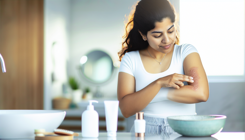 A young Hispanic woman applies topical corticosteroid cream to her forearm, which shows redness due to atopic dermatitis, in a well-lit bathroom with skincare products on the counter, highlighting effective atopic dermatitis treatment options like emollients and immunomodulators.