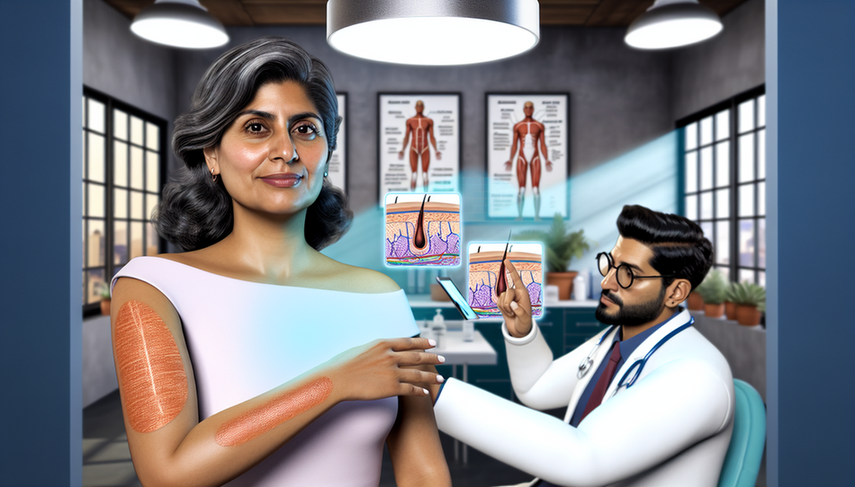 Middle-aged Hispanic woman applying topical corticosteroid cream to a mild rash on her forearm in a modern clinic. In the background, a Hispanic doctor explains contact dermatitis treatment using a digital tablet, emphasizing irritant avoidance and the role of oral antihistamines. The image conveys care and professionalism in managing contact dermatitis.