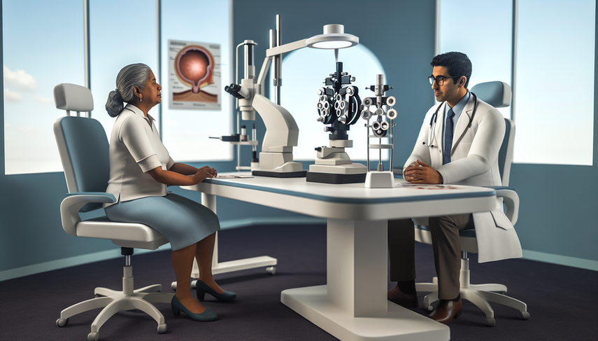 A middle-aged Hispanic ophthalmologist in a white coat and glasses explains retinal detachment treatment options to a Hispanic female patient in her 60s. The table features medical models of the eye illustrating procedures such as pneumatic retinopexy, vitrectomy, and scleral buckle surgery. Advanced ophthalmology equipment is visible in the background. The image emphasizes the educational interaction between the physician and the patient, highlighting the importance of visual success in retinal detachment management.