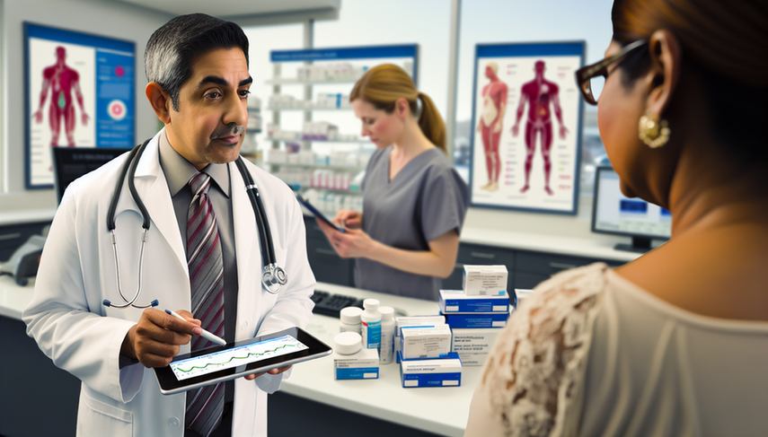 A Hispanic physician in his 40s, wearing a white coat and stethoscope, explains type 2 diabetes treatment options, including metformin, insulin, sulfonylureas, and GLP-1, to a middle-aged Hispanic patient, while showing a glucose level chart on a tablet. In the background, a South Asian pharmacist organizes diabetes medications on a shelf. The setting reflects a collaborative approach to managing glycemic control in Type 2 Diabetes Mellitus.