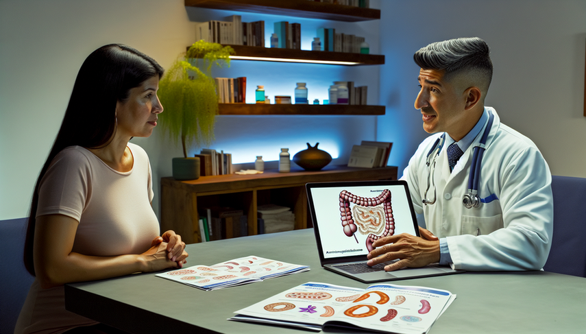 A middle-aged Hispanic physician in a white coat discusses IBD treatment options, including mesalamine, corticosteroids, and anti-TNF therapies, with a Hispanic female patient in her 30s. A diagram of the digestive system is displayed on his laptop screen, while brochures on aminosalicilates, immunomodulators, and biologicals are visible on the desk. The scene conveys a professional and educational atmosphere.