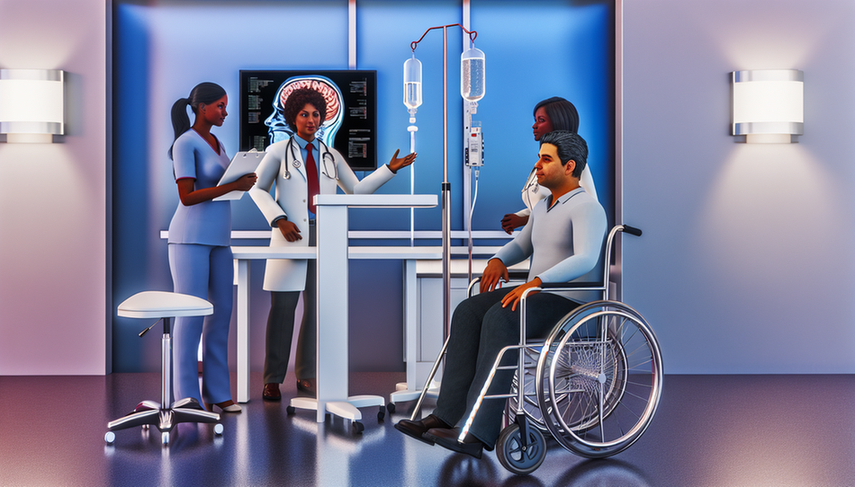 Imagen realista de un enfoque multidisciplinario para tratar la Esclerosis Lateral Amiotrófica (ELA) en una sala de consulta médica moderna. Un paciente hispano de mediana edad en silla de ruedas conversa con un equipo de profesionales de la salud. A su izquierda, una doctora hispana explica opciones de tratamiento, mientras que a su derecha, un terapeuta respiratorio caucásico demuestra una mascarilla de ventilación no invasiva. Al fondo, una enfermera afroamericana ajusta un soporte de suero, simbolizando el apoyo medicamentoso como el Riluzol. La atmósfera es profesional y compasiva, destacando la naturaleza colaborativa del tratamiento.