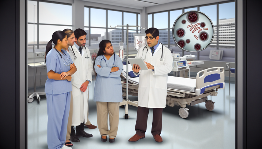 Image of a modern hospital environment where a Hispanic doctor and an Asian nurse review a diagram of the meningococcal bacteria on a digital tablet. In the background, a hospital room with medical equipment is visible. Nearby, there are vials of antibiotics and a clipboard with patient charts, emphasizing the focus on meningococcal meningitis treatment, including ceftriaxone and prophylactic rifampicin, as well as the importance of respiratory isolation.