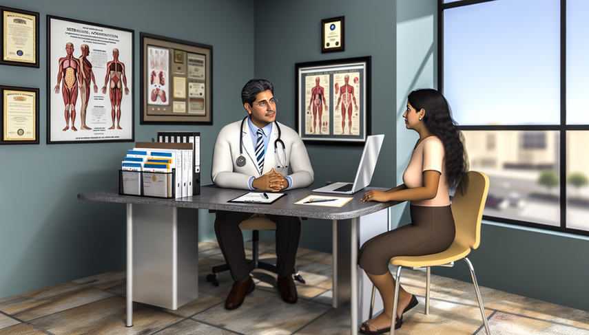 Consulta médica moderna con un doctor hispano de mediana edad explicando opciones de tratamiento a una paciente hispana. En el escritorio hay folletos médicos y un modelo del sistema inmunológico. La atmósfera es profesional y cálida, reflejando confianza y cuidado.