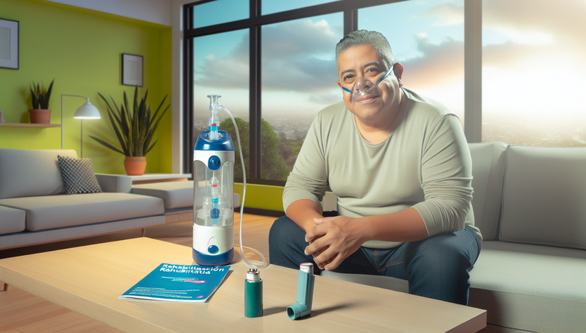 Hombre hispano de mediana edad en una sala de estar moderna, usando un concentrador de oxígeno portátil con cánula nasal. En la mesa hay inhaladores, simbolizando el uso de broncodilatadores. Un folleto titulado 'Rehabilitación Respiratoria' sugiere un enfoque integral en el tratamiento de la EPOC. El ambiente es cálido y esperanzador.