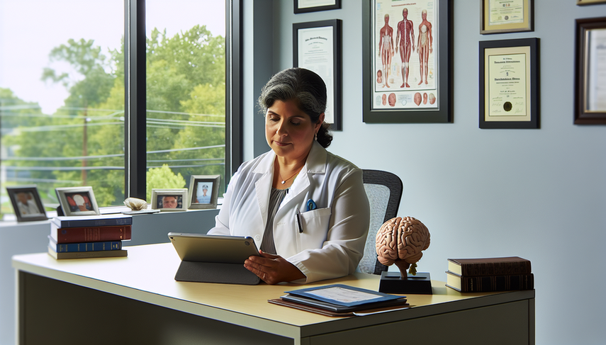Middle-aged Hispanic female doctor in a medical office reviewing a patient file on a tablet, surrounded by medical books and a brain model on the desk, symbolizing neurological study. In the background, diplomas on the wall and a poster of the nervous system, with natural light streaming through a window, highlighting her expertise in multiple sclerosis treatment, including beta interferon, fingolimod, corticosteroids, and neurological rehabilitation.
