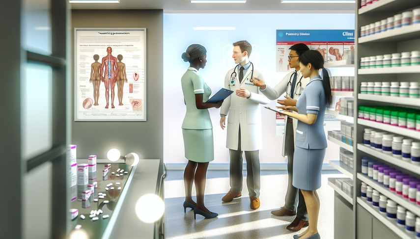 Diverse group of healthcare professionals in a modern clinic, including a Hispanic physician, a Black nurse, and an Asian pharmacist, discussing STD treatment and prevention strategies, with a focus on human reproductive health. The professional and collaborative environment emphasizes the importance of teamwork, patient care, and sexual education, including the role of penicillin, doxycycline, partner contact, and condom prophylaxis in effective management.