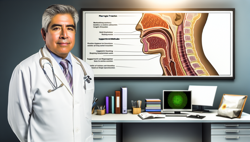 Fotografía de un médico hispano de mediana edad en una oficina médica moderna, con un póster que muestra un diagrama de la garganta humana con infección bacteriana y medidas de soporte como hidratación y descanso. En el escritorio hay libros médicos y un modelo de garganta, destacando el enfoque en el tratamiento de la faringitis.