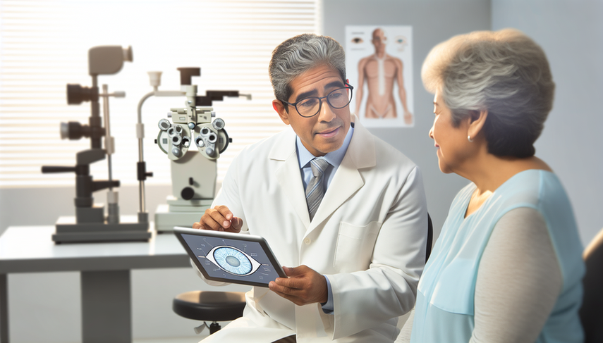 In a modern ophthalmology clinic, a middle-aged Hispanic physician discusses glaucoma treatment options with an elderly Hispanic patient. The physician holds a tablet displaying an ocular diagram, while the patient listens attentively. Advanced ophthalmic equipment is visible in the background, highlighting the importance of prostaglandin analogs, topical beta-blockers, laser trabeculoplasty, and filtering surgery in effective glaucoma management.
